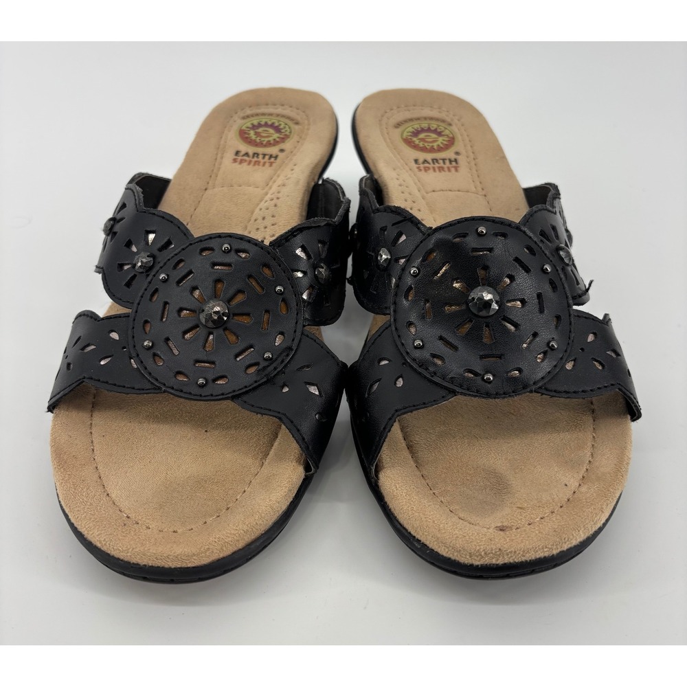 Earth Spirit Maddy Wedge Sandals Women's 8 Black Leather W/Box